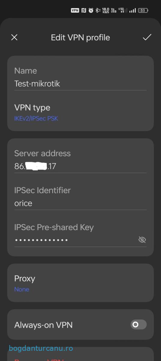 Mikrotik server VPN IPSec PSK - conectare client Android 13 - adaugare profil VPN pe telefon